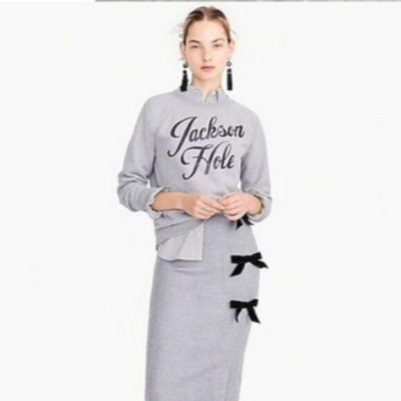 Jcrew Nwot grey Double Serge 💯 Wool Pencil Skirt with velvet bows size 2 - Picture 7 of 12
